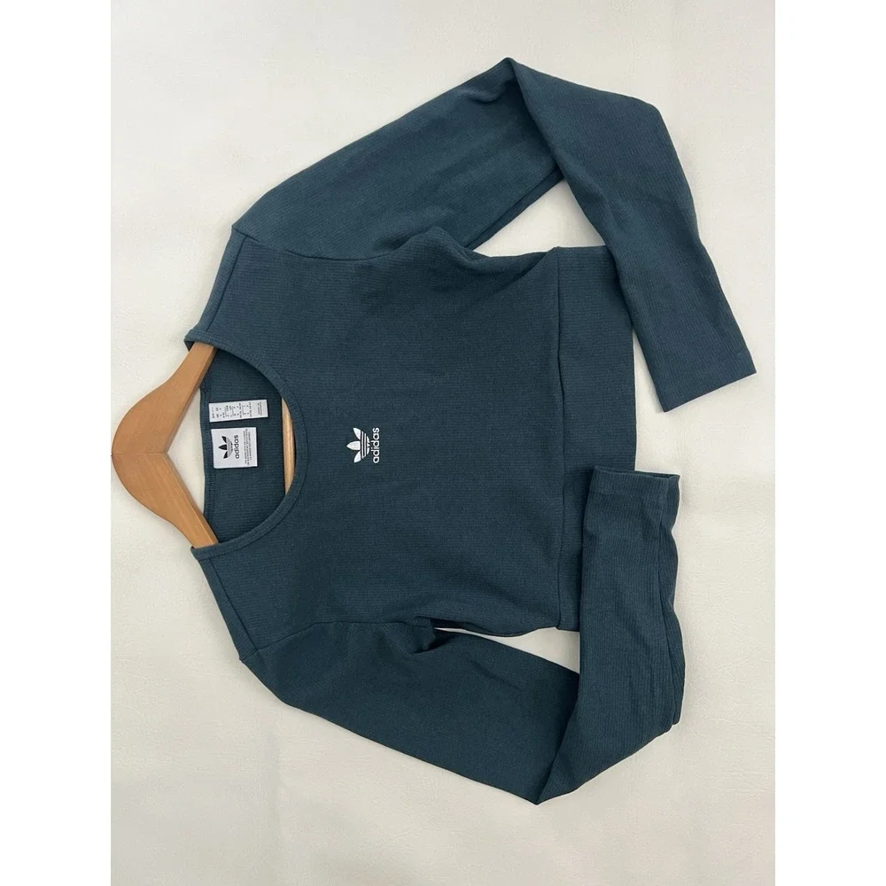 Adidas Ribbed Long Sleeve T-Shirt Teal Green Cropped Athleisure Sporty Casual - Picture 7 of 11